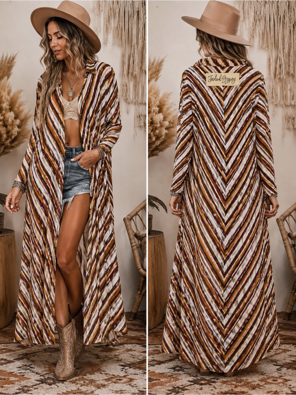 Boho Chevron Striped Maxi Kimono Dress in Brown Multi